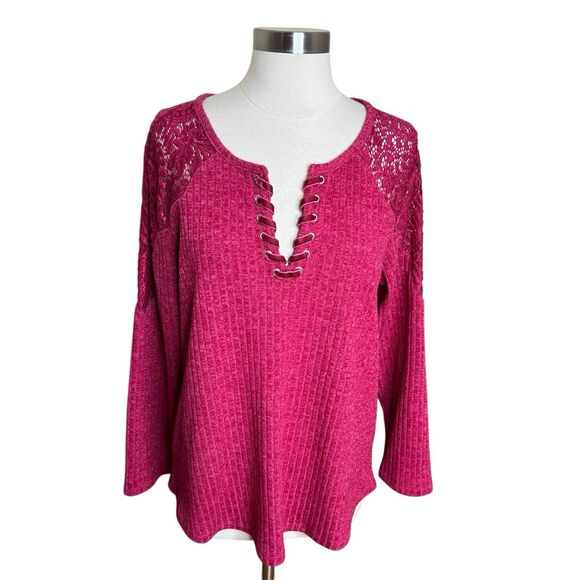 Democracy Sweater Top Womens 1X Pink Ribbed Lace Up Long Sleeve Lace Shoulders - Picture 1 of 8